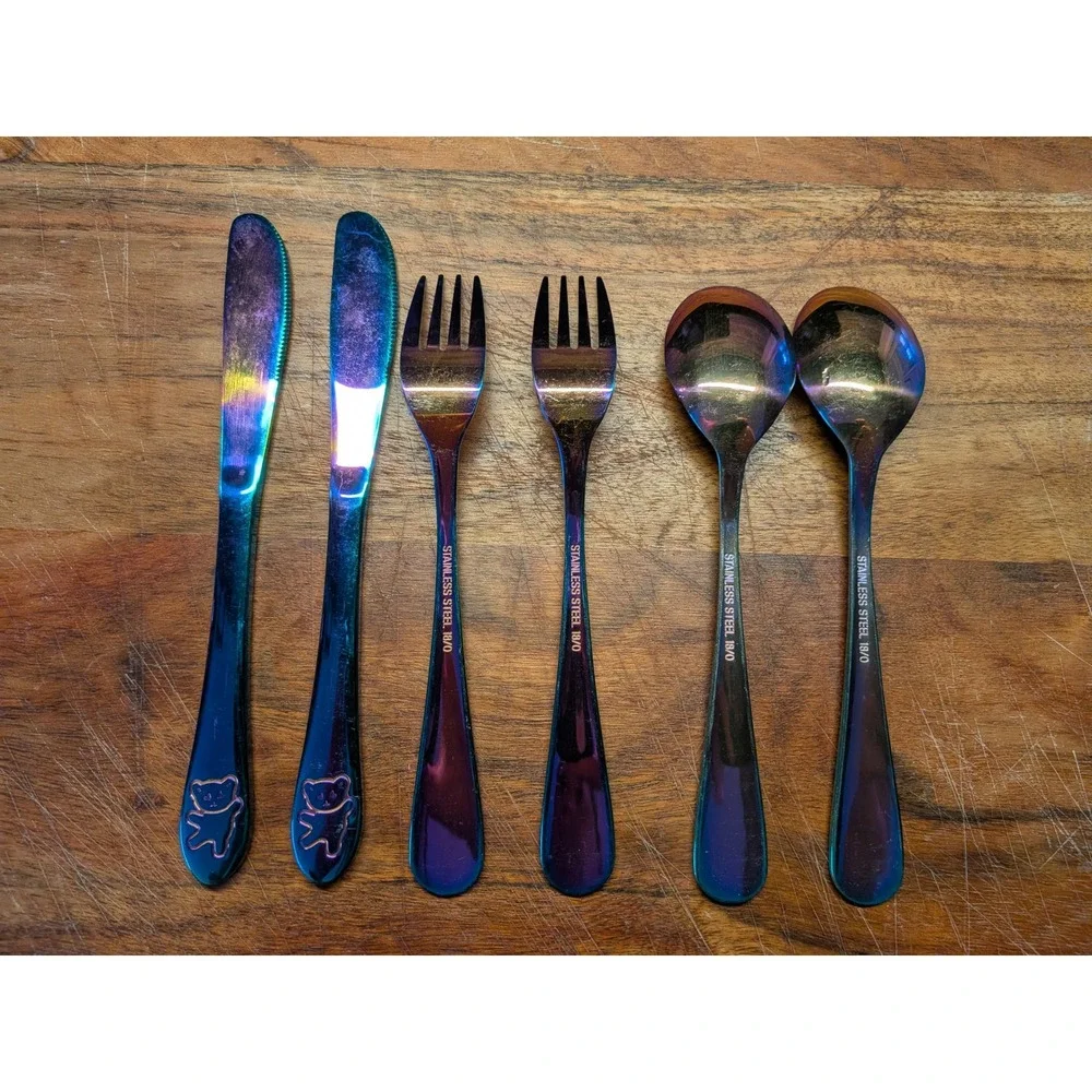 Rainbow Iridescent Teddy Bear Flatware‎ Set 6pc Stainless Steel 18/0 Oil Slick